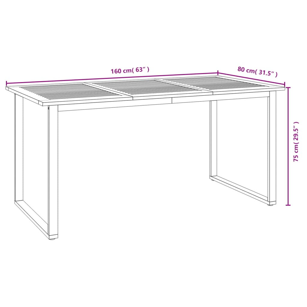 Garden Table with U-shaped Legs 160x80x75 cm Solid Wood Acacia