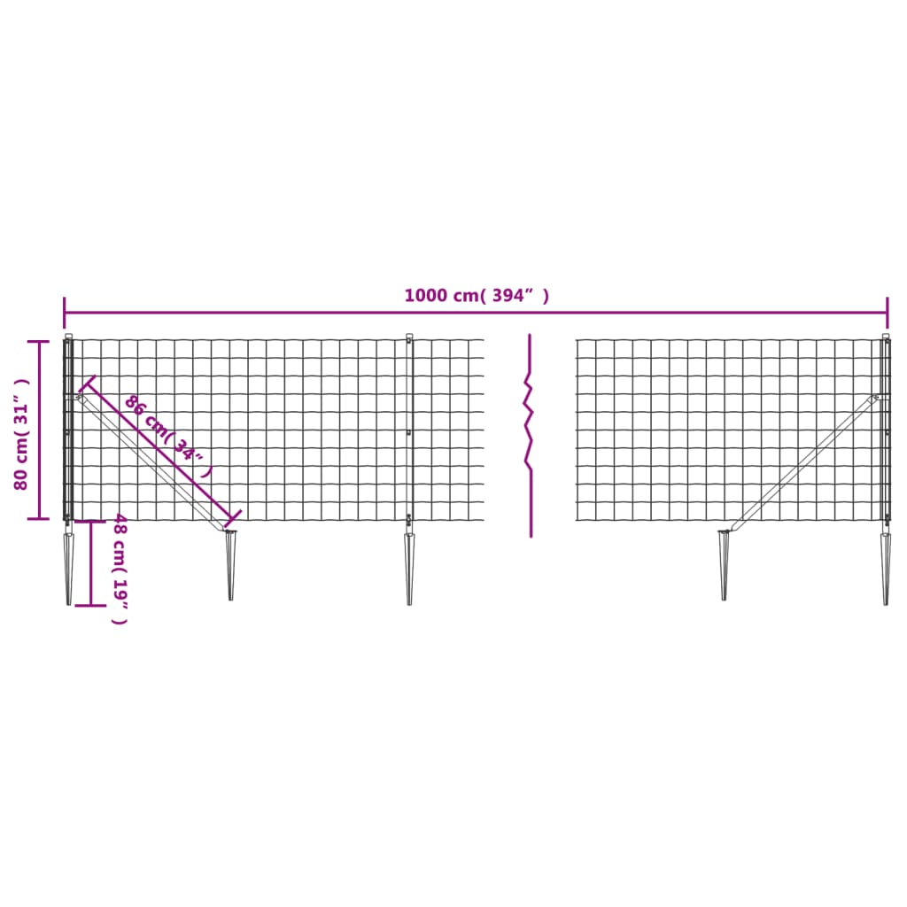 Wire Mesh Fence with Spike Anchors Green 0,8x10 m