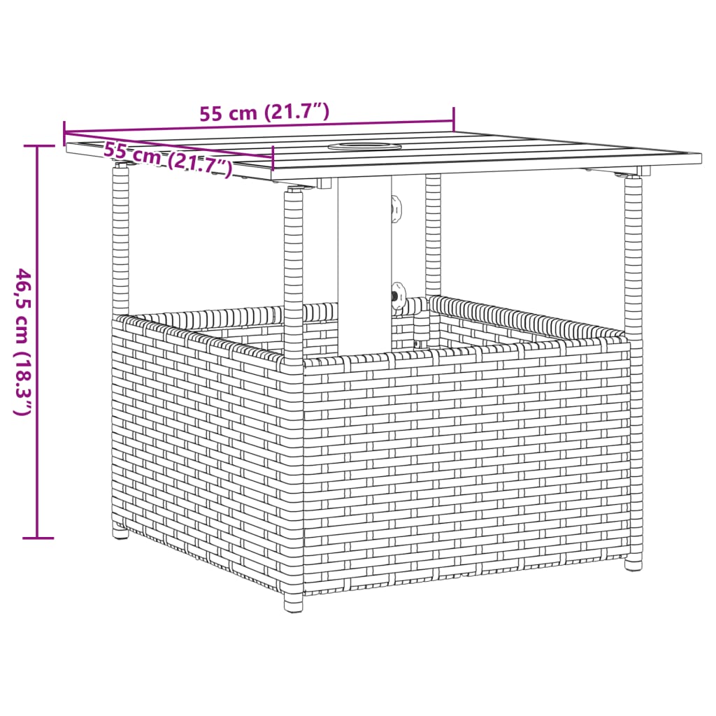Garden Table with Parasol Hole Black 55x55x46,5 cm Poly Rattan