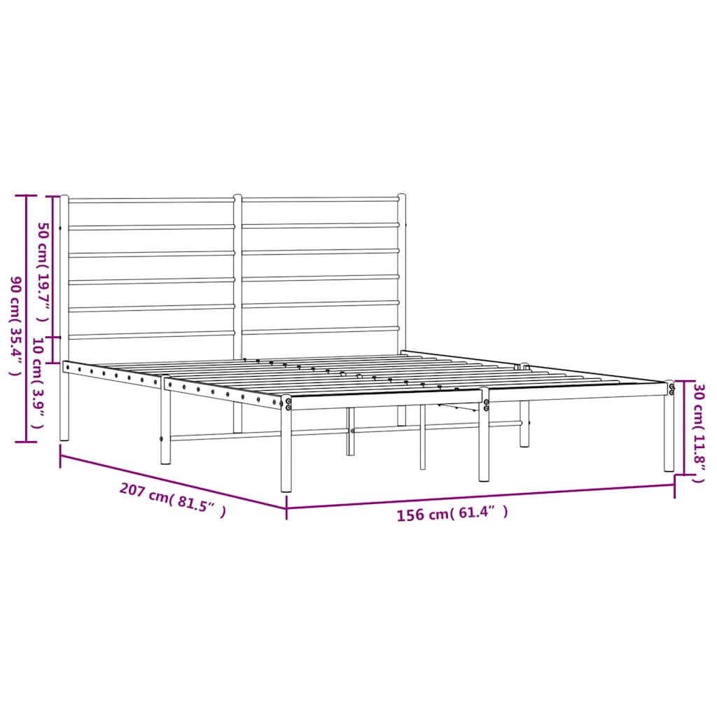Metal Bed Frame without Mattress with Headboard Black 150x200cm