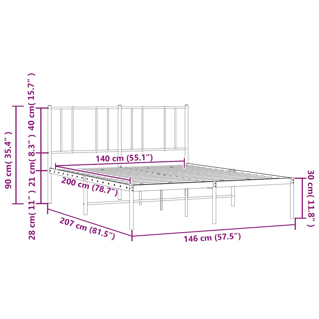Metal Bed Frame without Mattress with Headboard Black 140x200cm