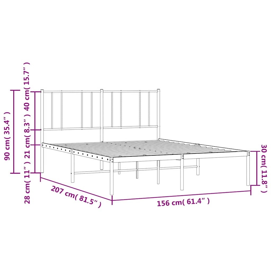 Metal Bed Frame without Mattress with Headboard Black 150x200cm