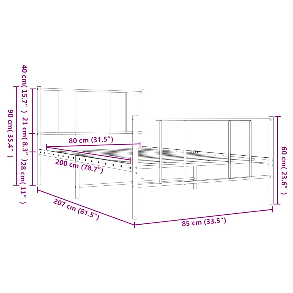 Metal Bed Frame without Mattress with Footboard White 80x200cm