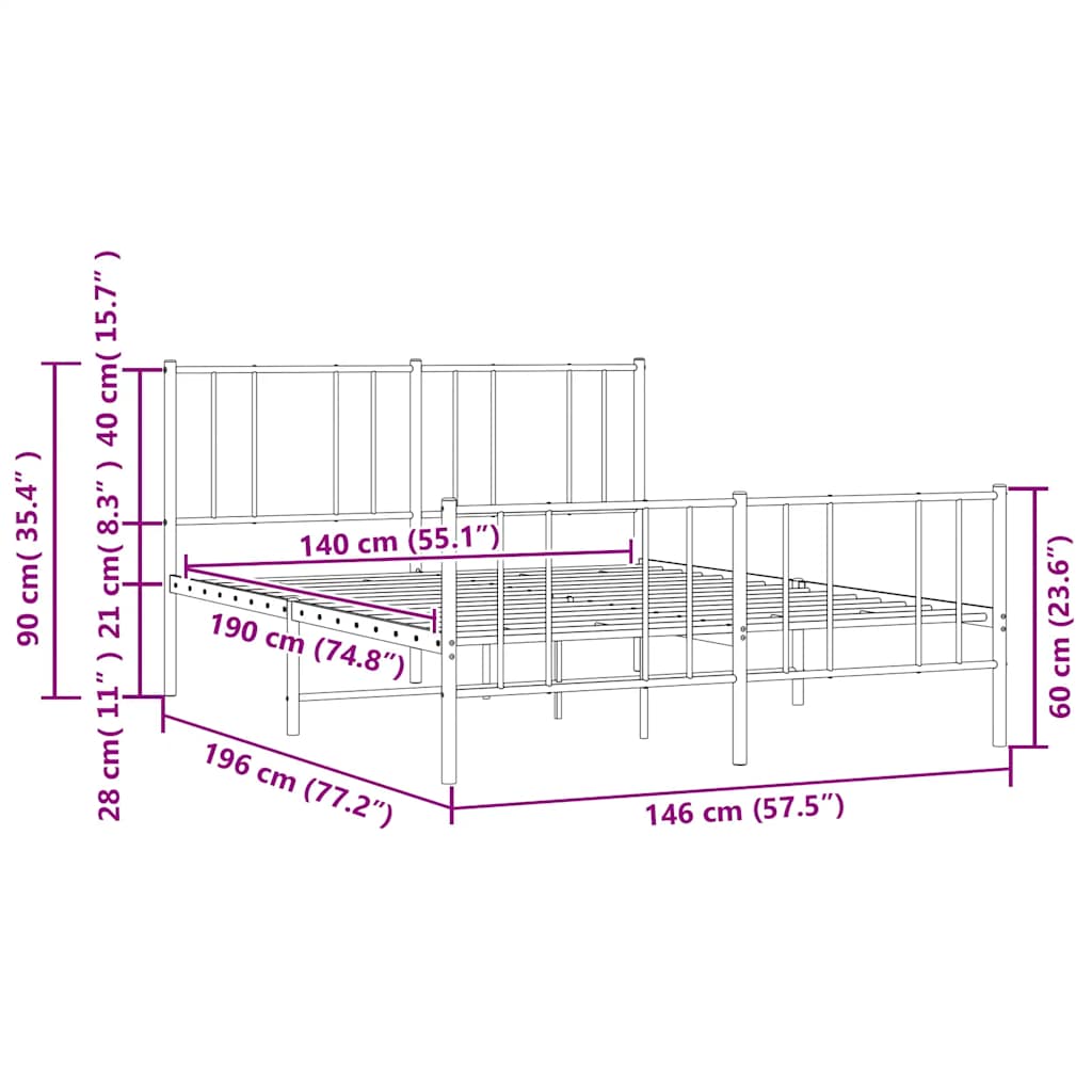 Metal Bed Frame without Mattress with Footboard White 140x190cm