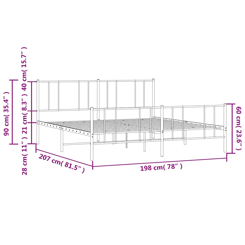 Metal Bed Frame without Mattress with Footboard White 193x203cm