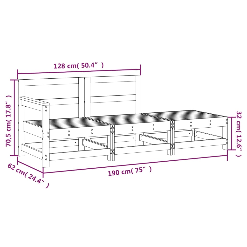 3 Piece Garden Lounge Set White Solid Wood Pine