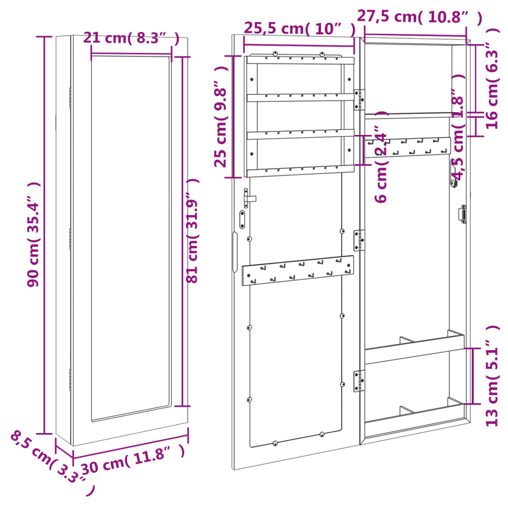 Mirror Jewellery Cabinet Wall Mounted 30x8,5x90 cm