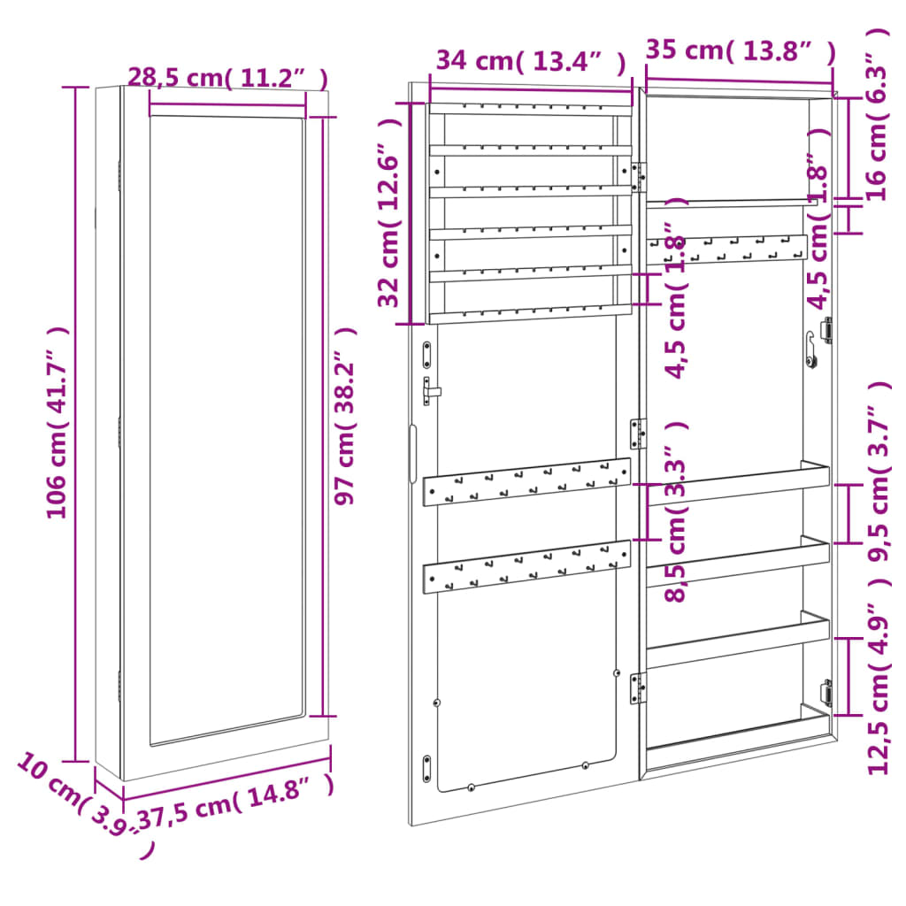 Mirror Jewellery Cabinet Wall Mounted White 37,5x10x106 cm