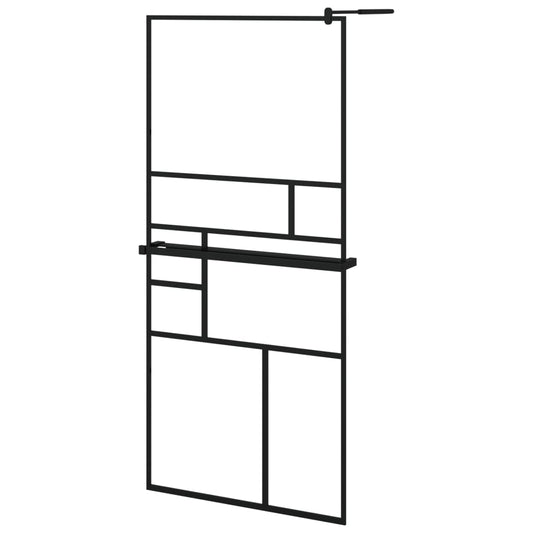 Walk-in Shower Wall with Shelf Black 90x195 cm ESG Glass&Aluminium Walk-in Shower Wall with Shelf Black 90x195 cm ESG Glass&Aluminium