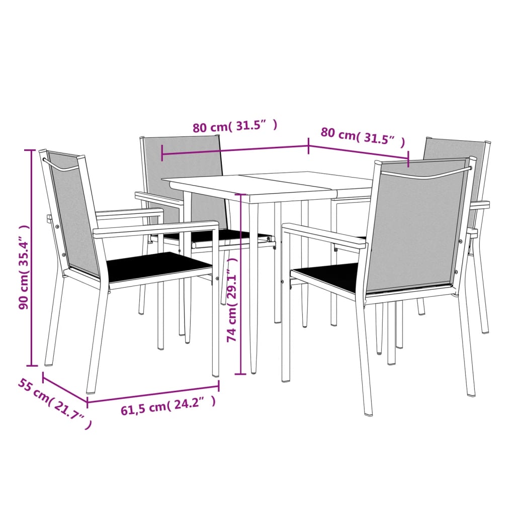 5 Piece Garden Dining Set Black Textilene and Steel