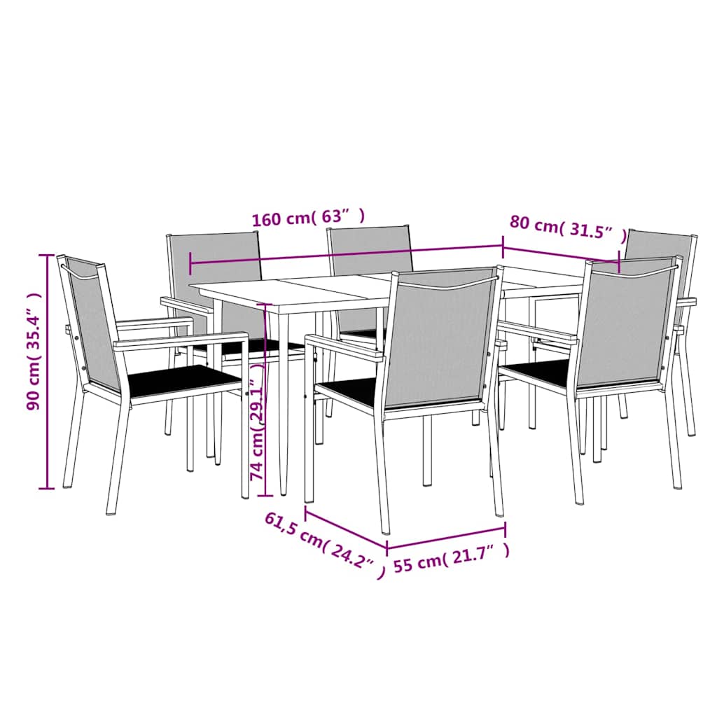 7 Piece Garden Dining Set Black Textilene and Steel