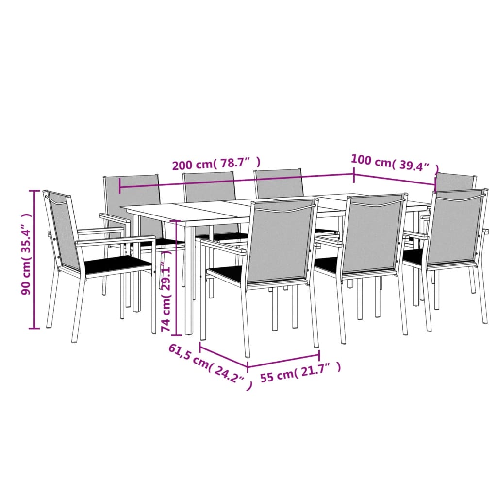 9 Piece Garden Dining Set Black Textilene and Steel