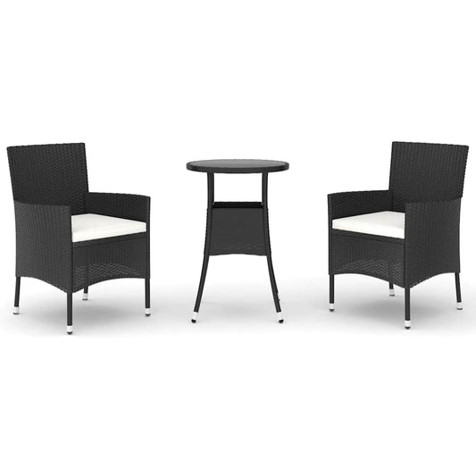 3 Piece Garden Bistro Set with Cushions Black Poly Rattan 3 Piece Garden Bistro Set with Cushions Black Poly Rattan