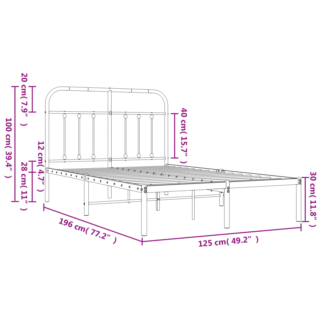 Metal Bed Frame without Mattress with Headboard Black 120x190cm