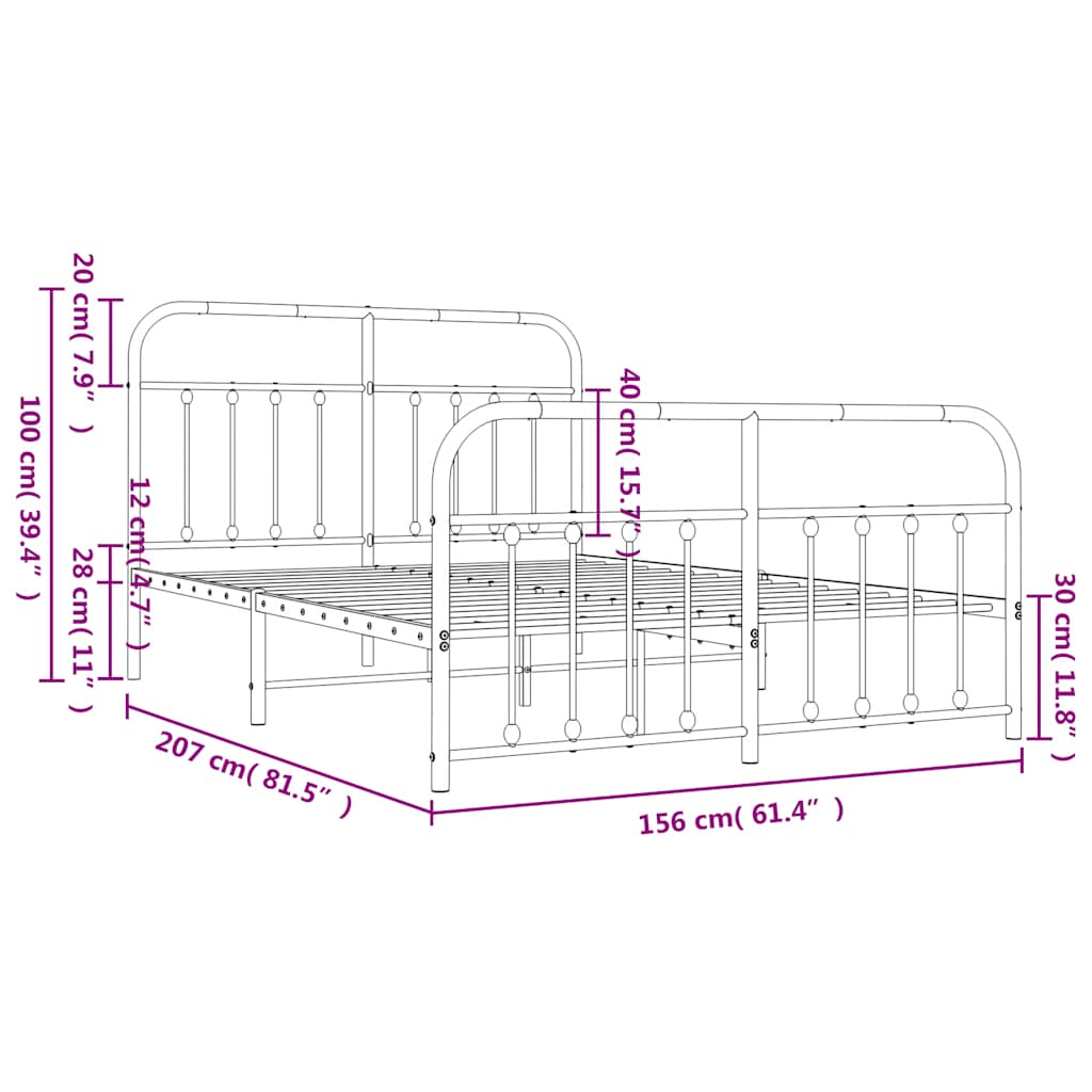 Metal Bed Frame without Mattress with Footboard White 150x200cm