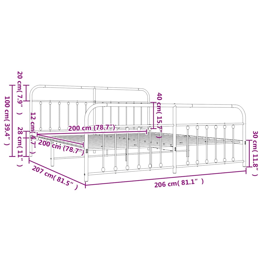Metal Bed Frame without Mattress with Footboard White 200x200cm