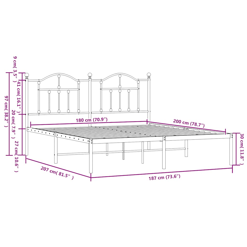 Metal Bed Frame without Mattress with Headboard Black 180x200cm