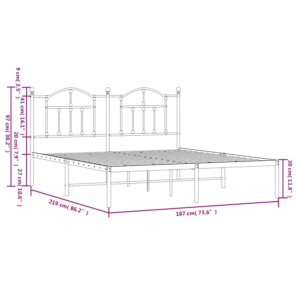 Metal Bed Frame without Mattress with Headboard Black 183x213cm