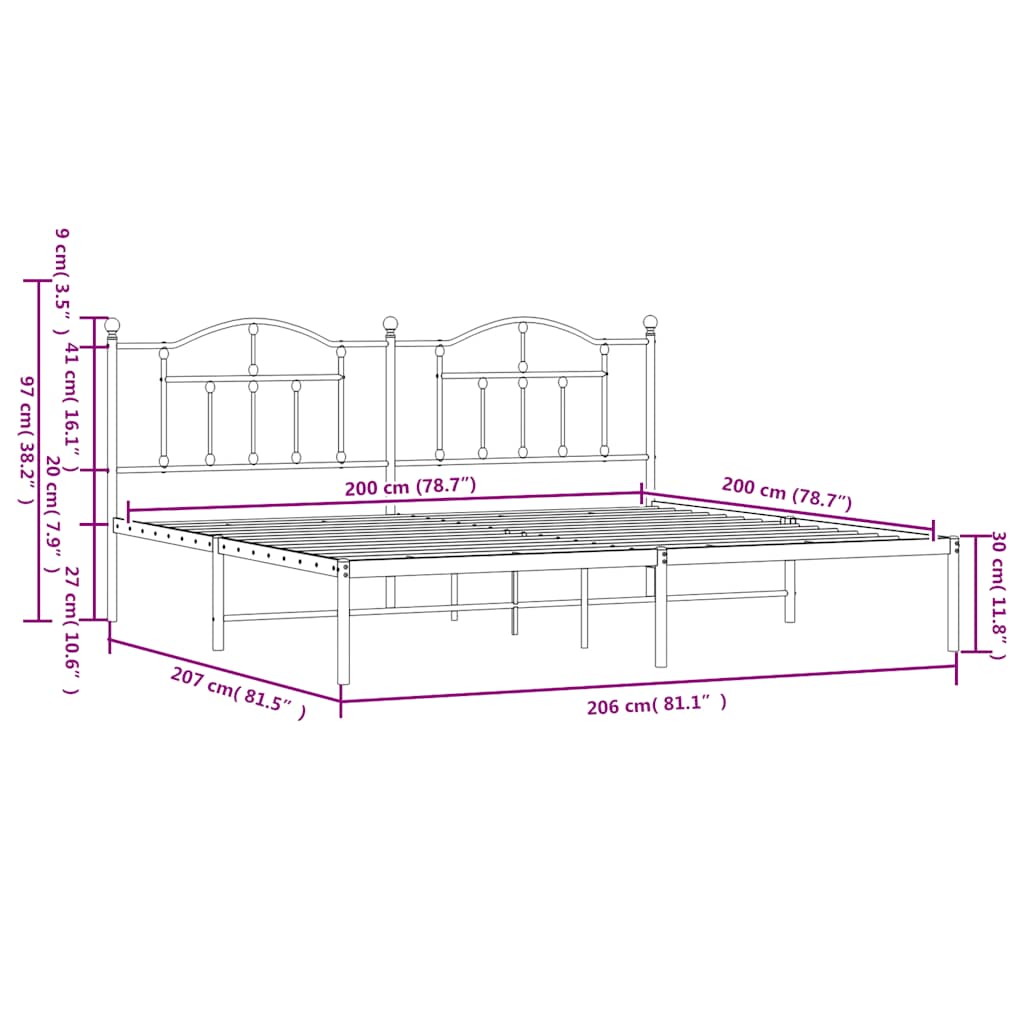 Metal Bed Frame without Mattress with Headboard Black 200x200cm
