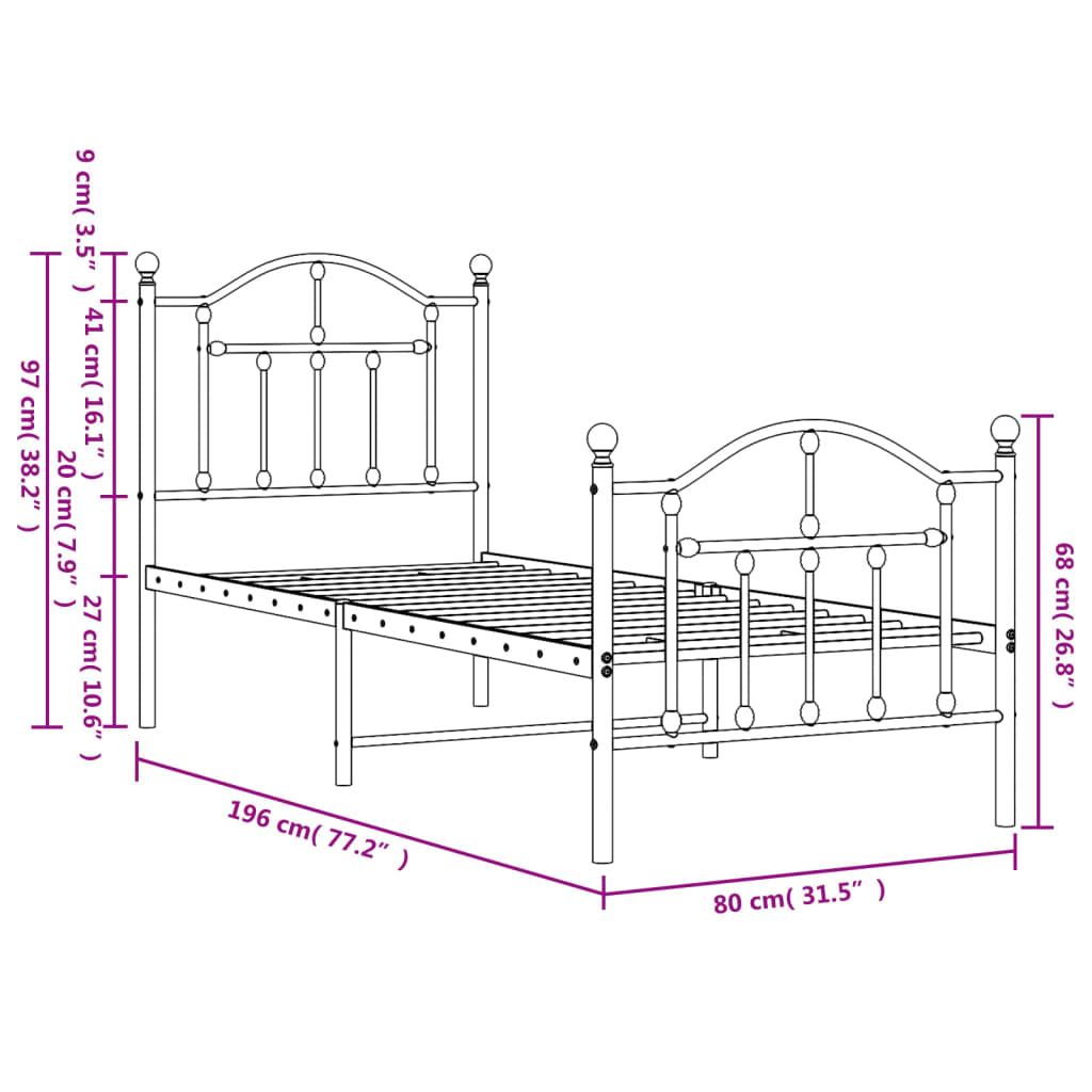 Metal Bed Frame without Mattress with Footboard Black 75x190cm