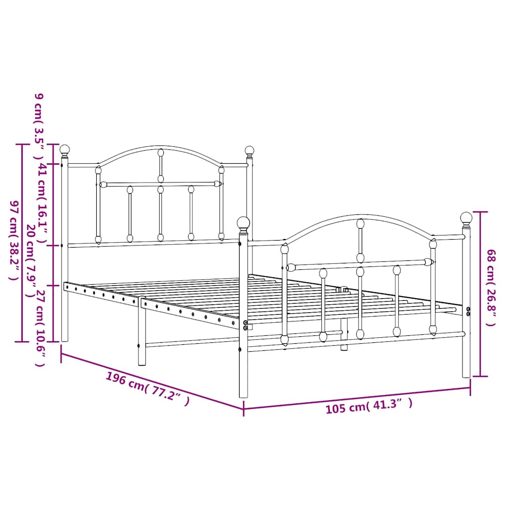 Metal Bed Frame without Mattress with Footboard Black 100x190cm