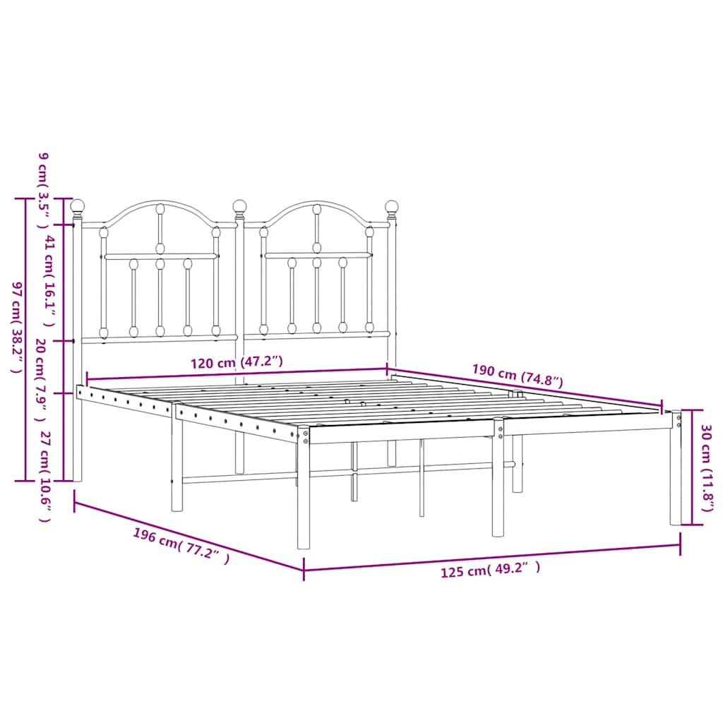 Metal Bed Frame without Mattress with Headboard White 120x190cm