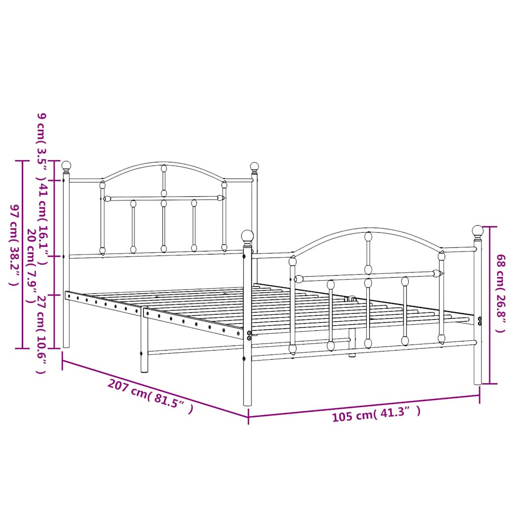 Metal Bed Frame without Mattress with Footboard White 100x200cm