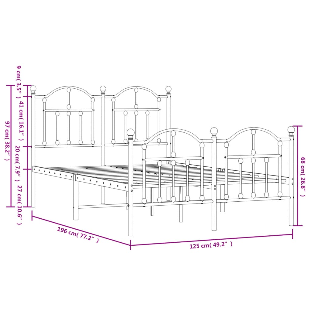 Metal Bed Frame without Mattress with Footboard White 120x190cm
