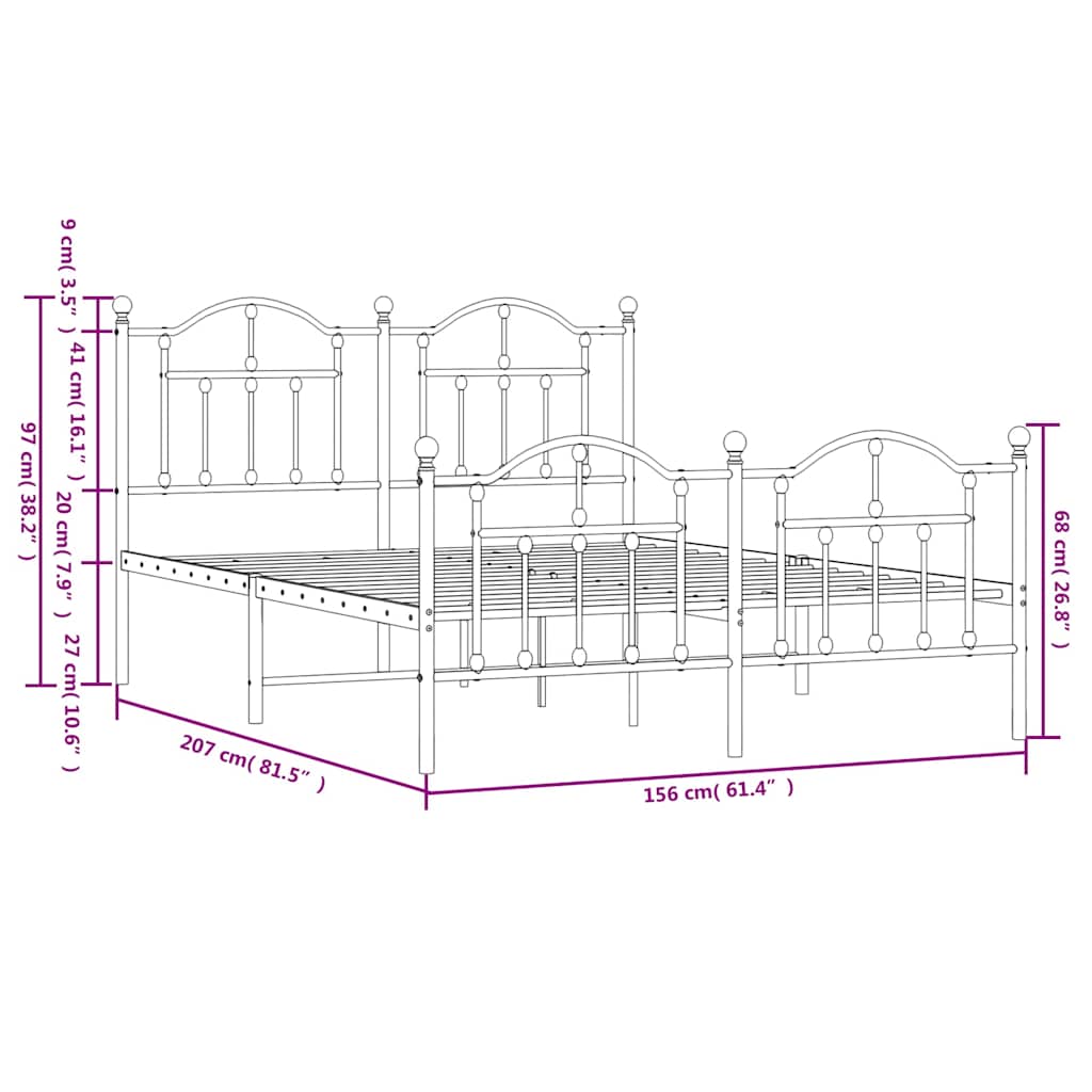 Metal Bed Frame without Mattress with Footboard White 150x200cm