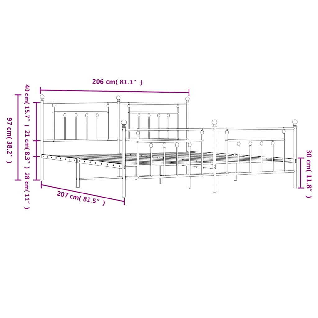 Metal Bed Frame without Mattress with Footboard White 200x200cm