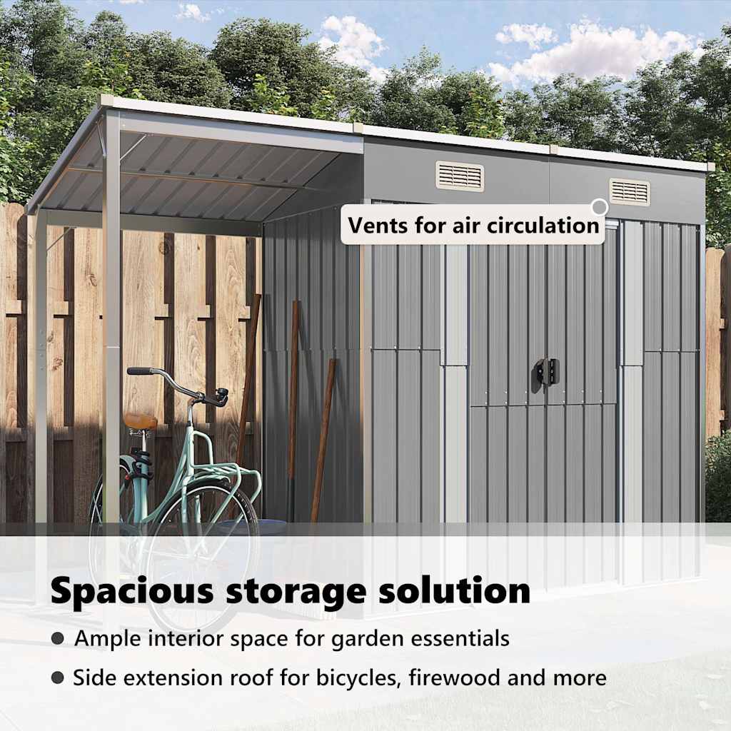 Garden Shed with Extended Roof Light Grey 277x107x181 cm Steel