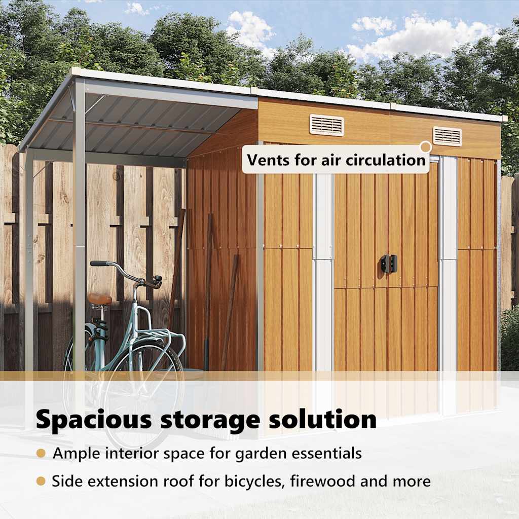 Garden Shed with Extended Roof Light Brown 277x107x181cm Steel