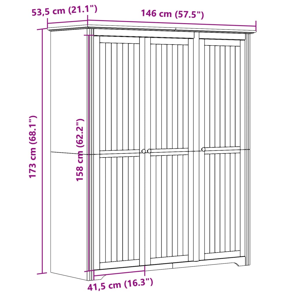 Wardrobe "BODO" White 146x53,5x173 cm Solid Wood Pine