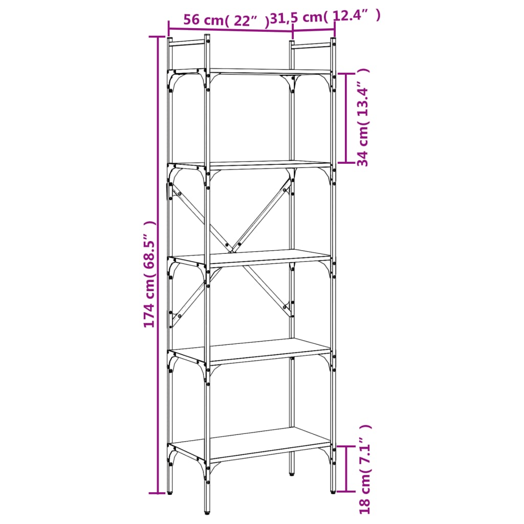 Bookcase 5-Tier Sonoma Oak 56x31,5x174 cm Engineered Wood
