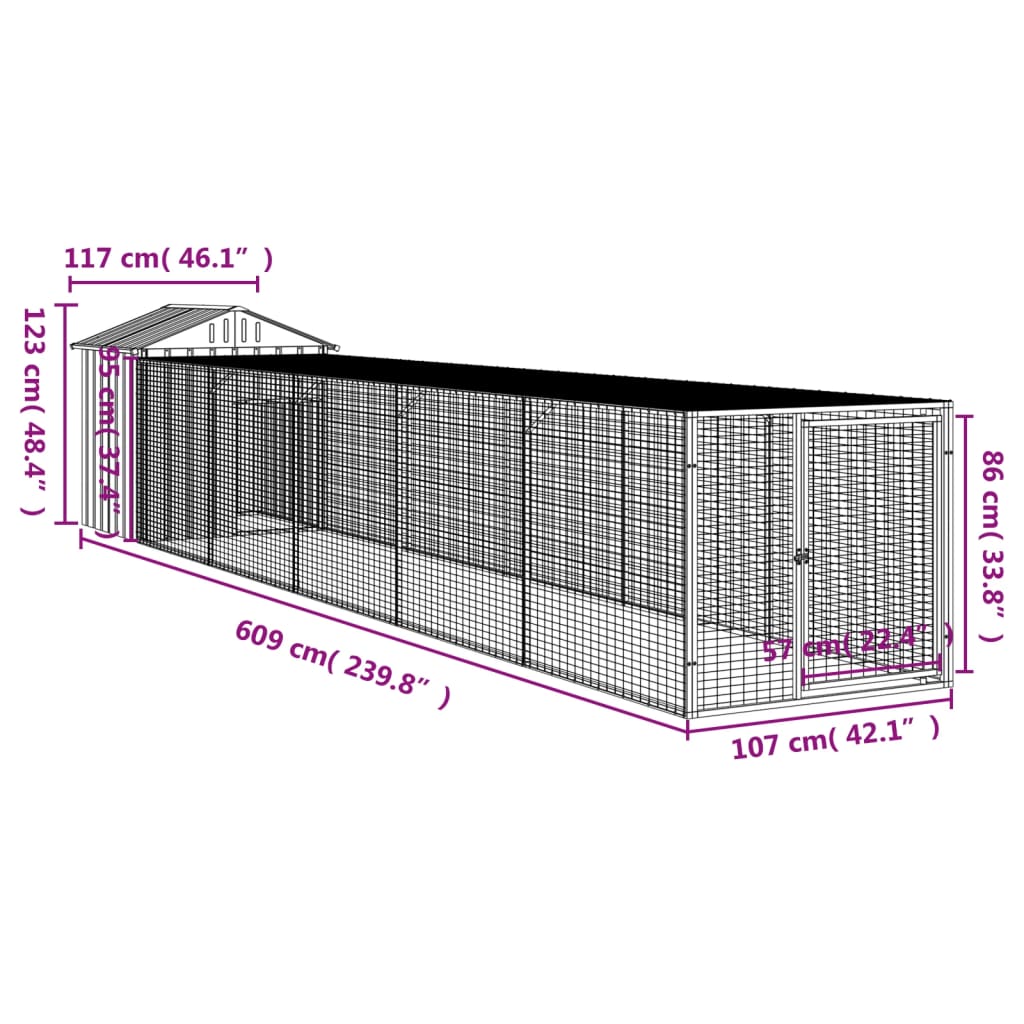 Chicken Cage with Run Anthracite 117x609x123cm Galvanised Steel