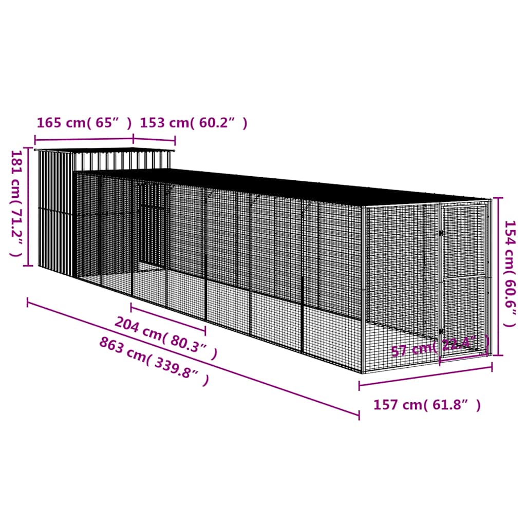 Chicken Cage with Run Light Grey 165x863x181 cm Galvanised Steel