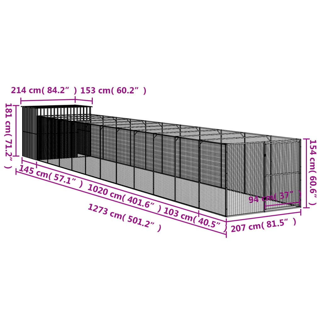Dog House with Run Anthracite 214x1273x181 cm Galvanised Steel