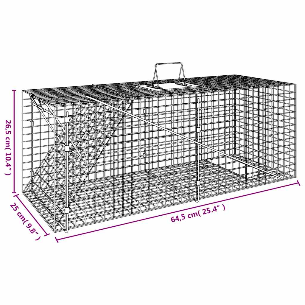 Animal Trap 64.5x25x26.5 cm Galvanised Iron featuring an easy-to-use design with carrying handle for safe transportation