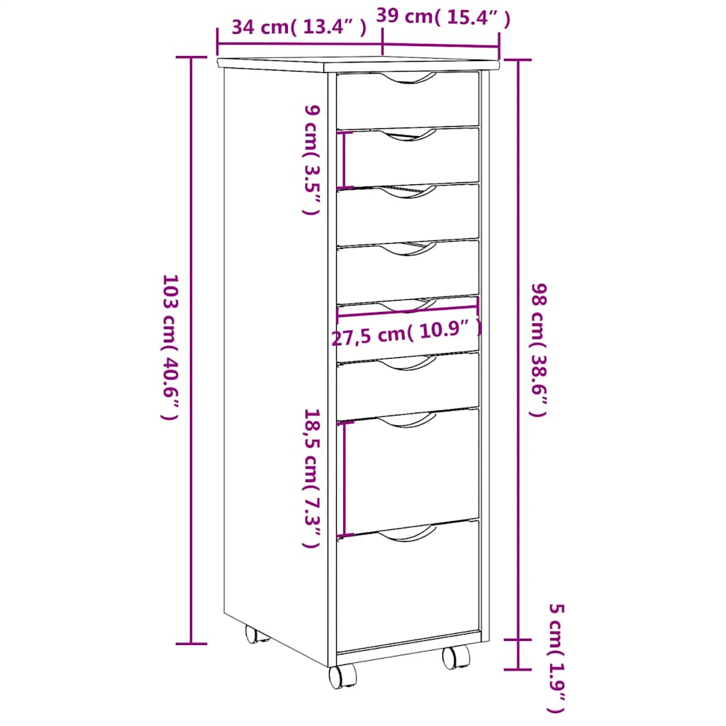 Rolling Cabinet with Drawers "MOSS" Grey Solid Wood Pine