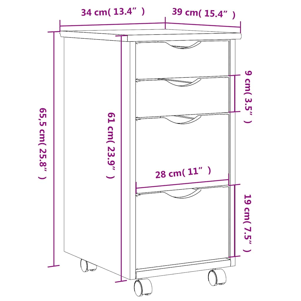 Rolling Cabinet with Drawers MOSS White Solid Wood Pine