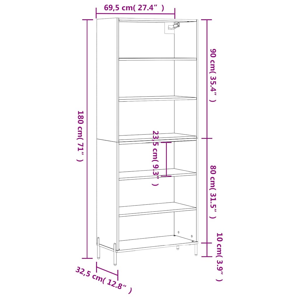 Highboard Black 69,5x32,5x180 cm Engineered Wood