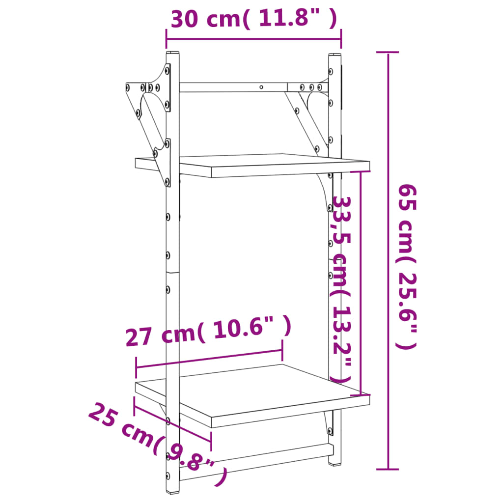2-Tier Wall Shelves with Bars 2 pcs Brown Oak 30x25x65 cm