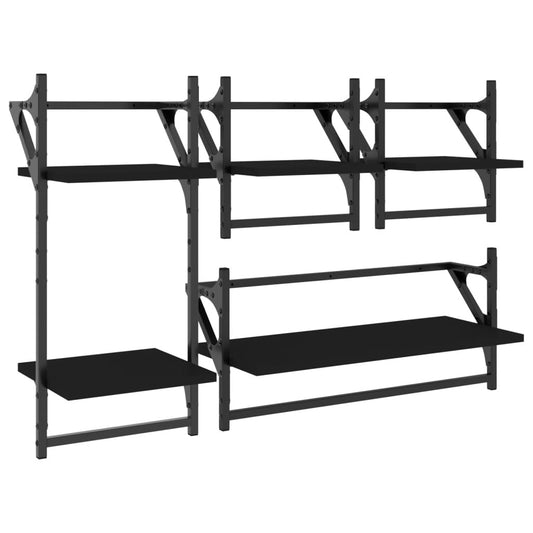 4 Piece Wall Shelf Set with Bars Black Engineered Wood 4 Piece Wall Shelf Set with Bars Black Engineered Wood