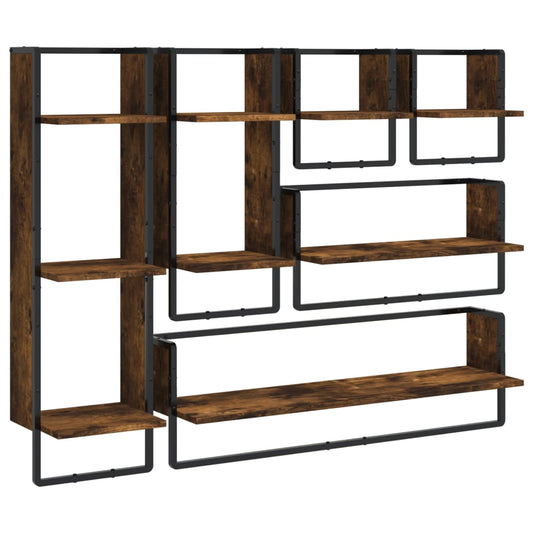 6 Piece Wall Shelf Set with Bars Smoked Oak Engineered Wood 6 Piece Wall Shelf Set with Bars Smoked Oak Engineered Wood
