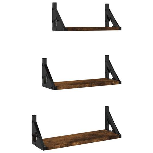 3 Piece Wall Shelf Set Smoked Oak Engineered Wood 3 Piece Wall Shelf Set Smoked Oak Engineered Wood