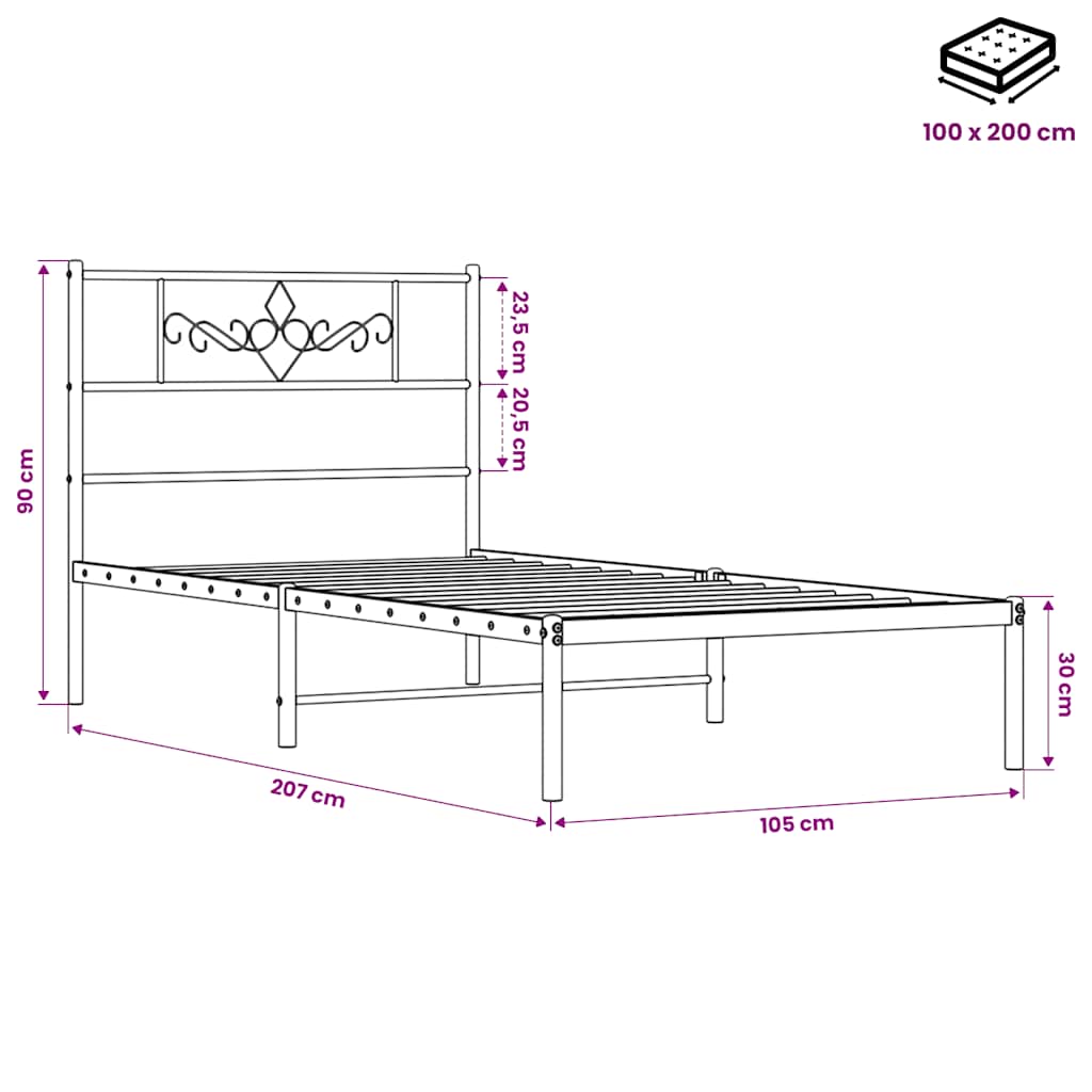 Metal Bed Frame without Mattress with Headboard Black 100x200cm