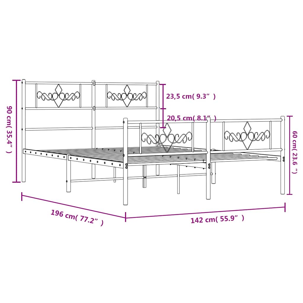 Metal Bed Frame without Mattress with Footboard Black 135x190cm