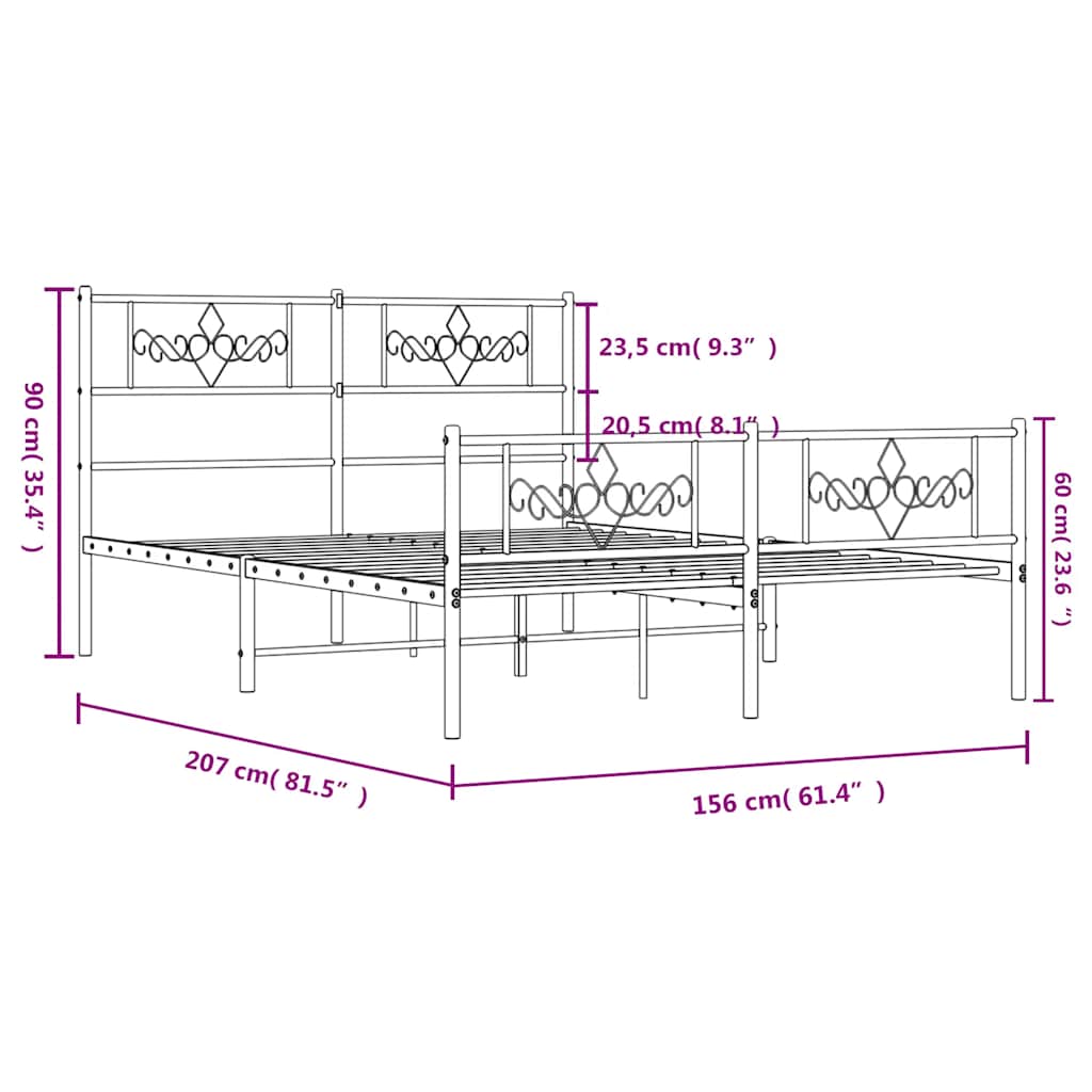 Metal Bed Frame without Mattress with Footboard Black 150x200cm