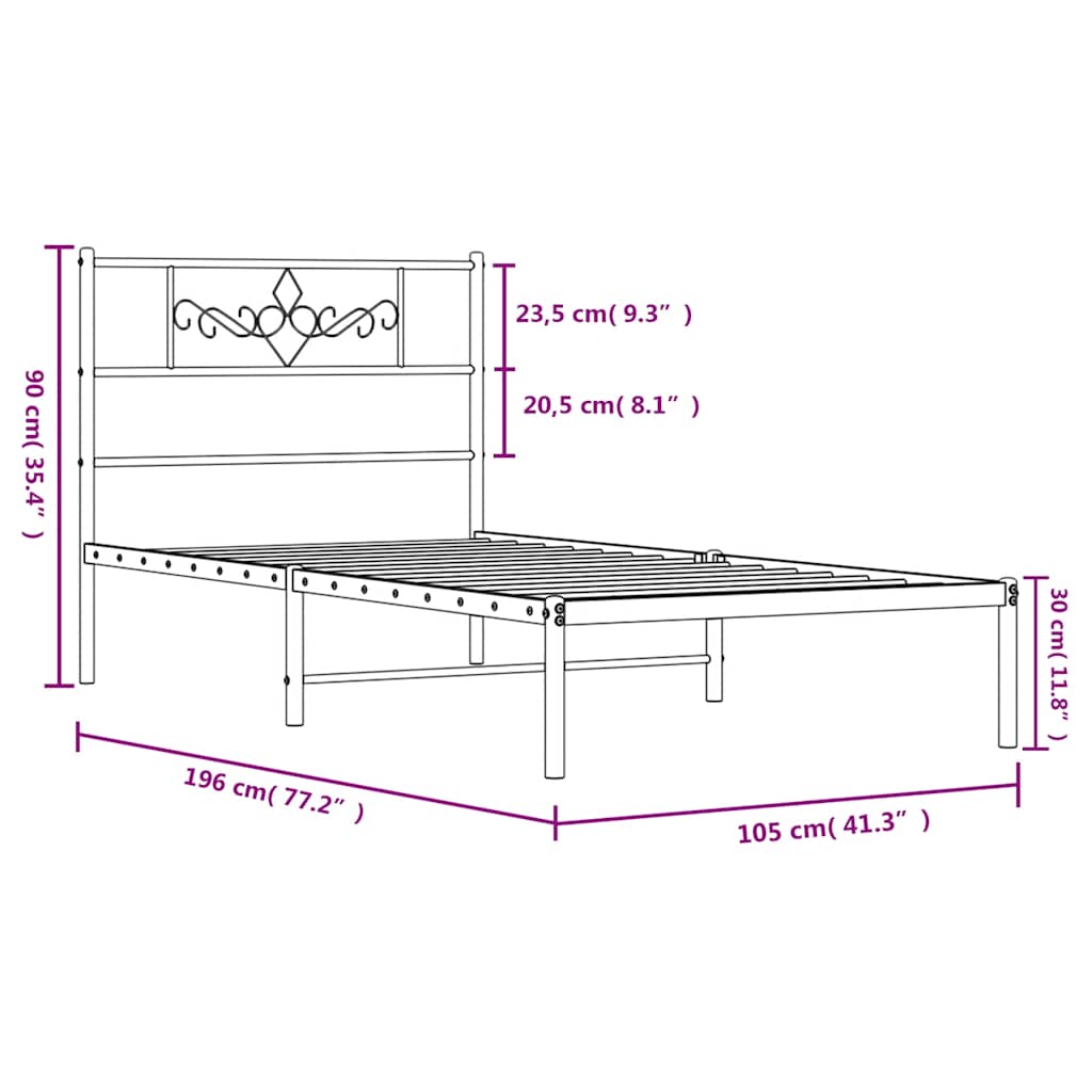 Metal Bed Frame without Mattress with Headboard White 100x190cm