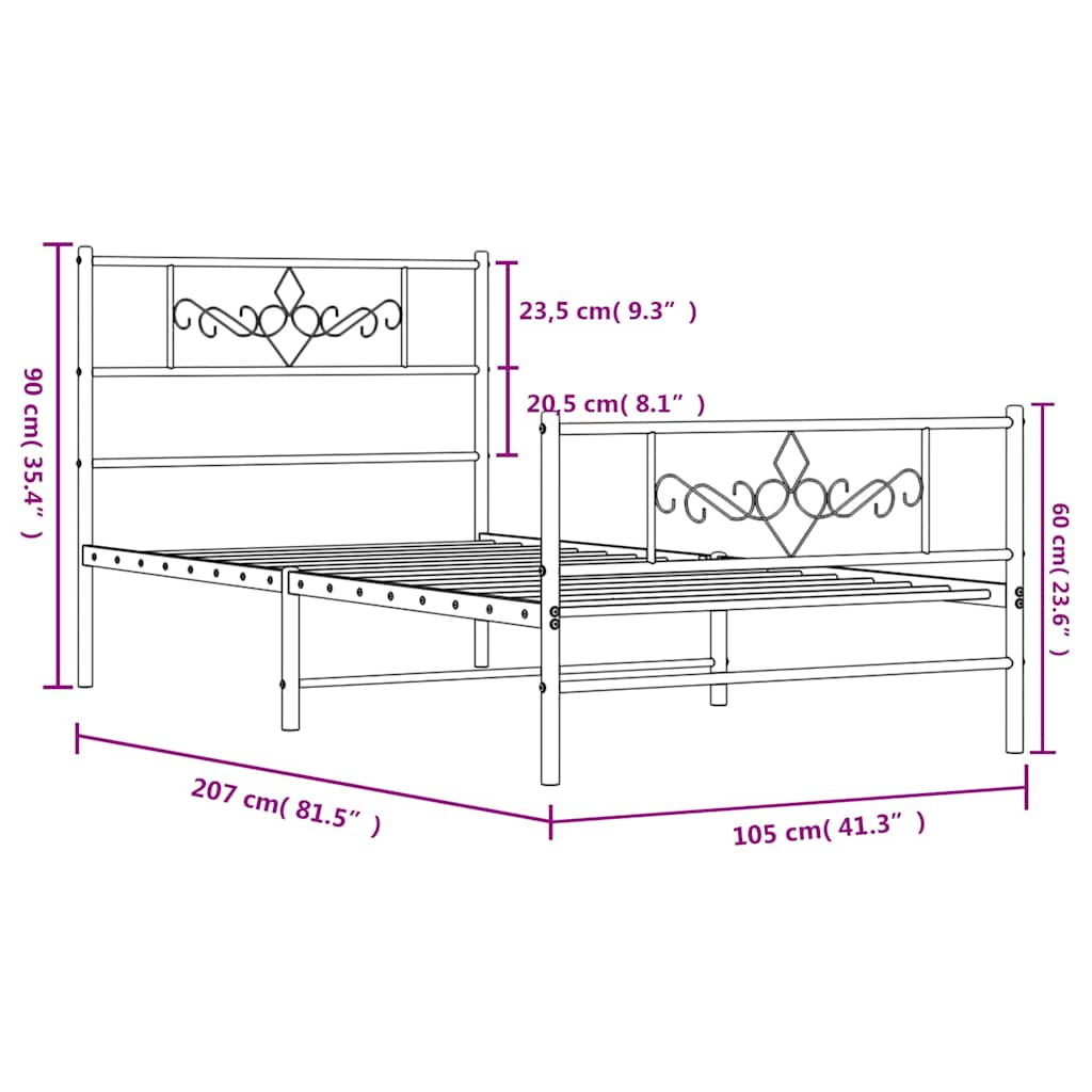 Metal Bed Frame without Mattress with Footboard White 100x200cm